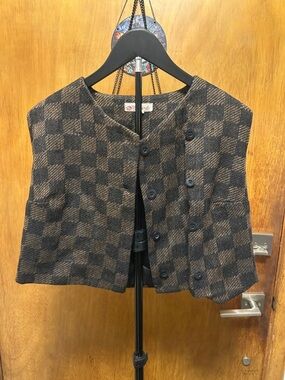 Vintage Checkerboard Cropped Wool Vest in Brown & Black by